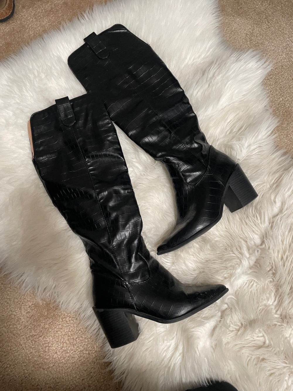Women's Black Croc-Embossed Knee Boot